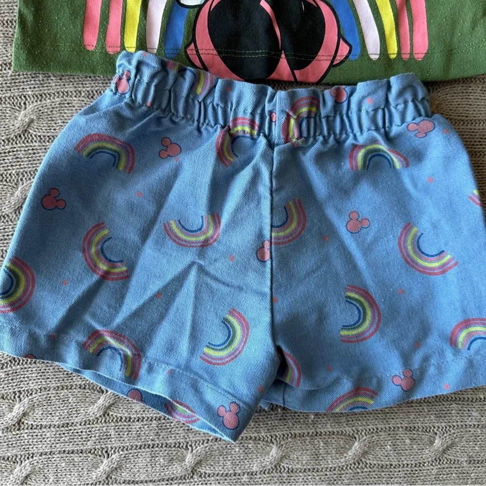 EUC Disney Baby Girl Outfit Set, Minnie Mouse Green, Blue, & Rainbows, 24 Months